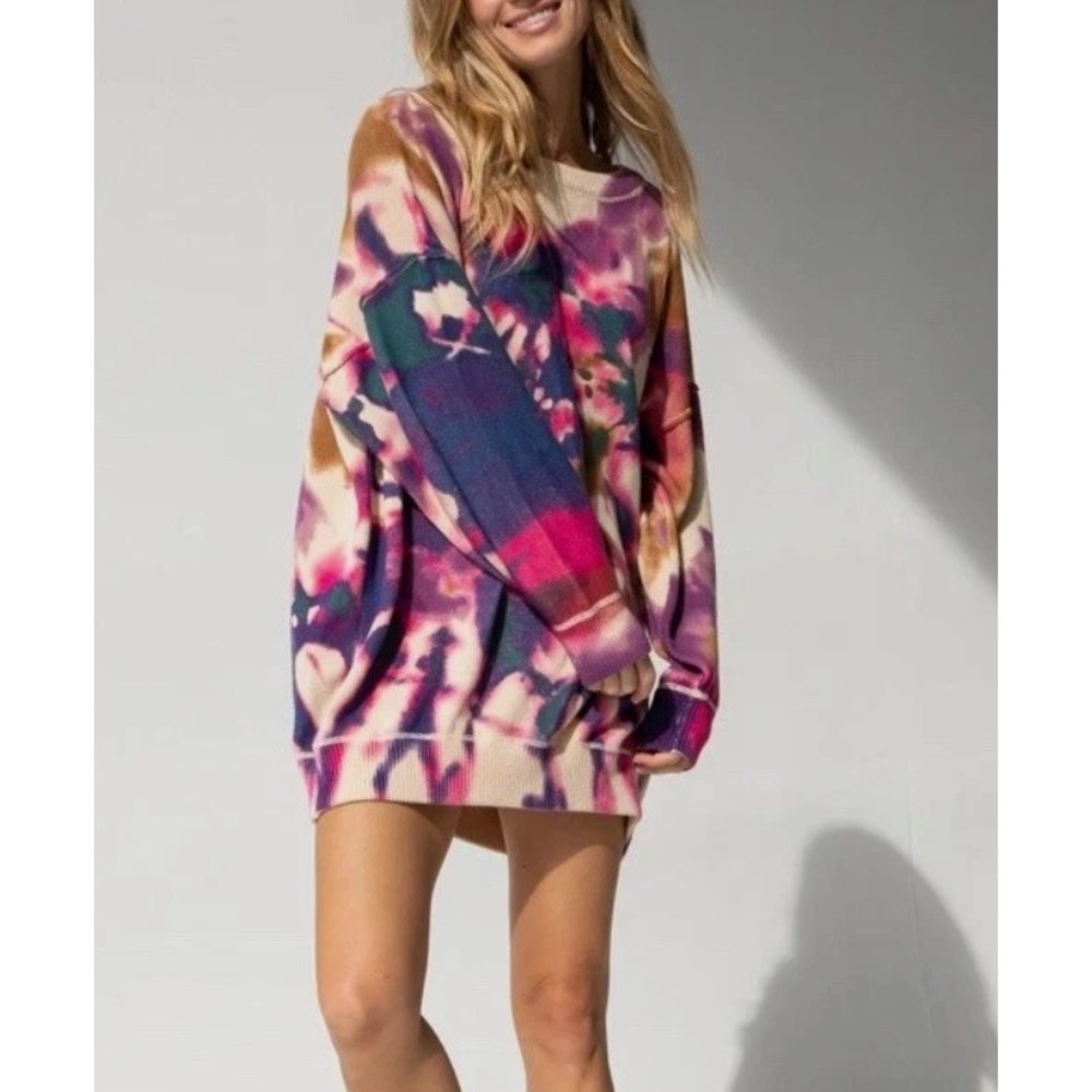 Natural Life Women S/M Tie Dye Cotton Knit Oversized Sweater Pink Purple Brown